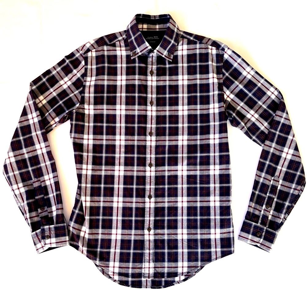 Zara Man Slim Fit 100% Cotton Men’s Plaid Button Up Shirt